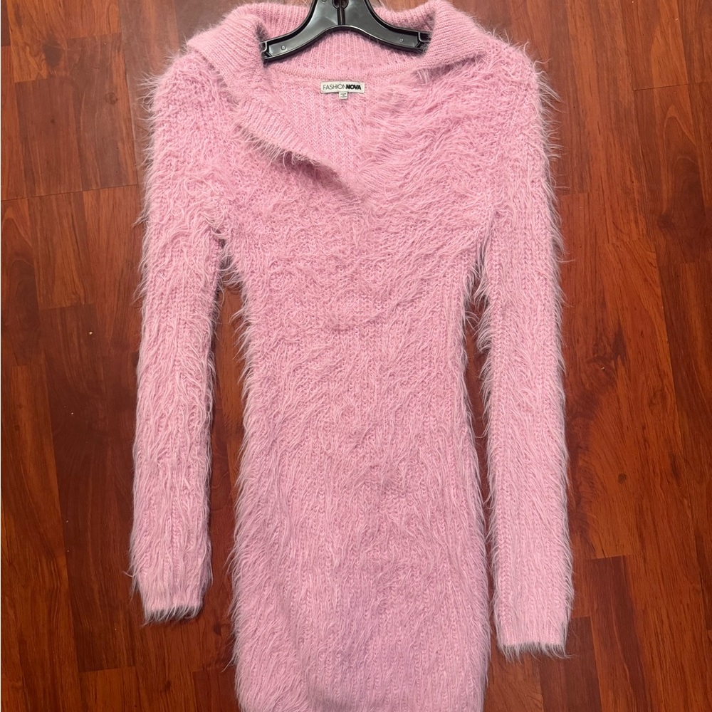 Pink Fuzzy Sweater Dress - Picture 1 of 2